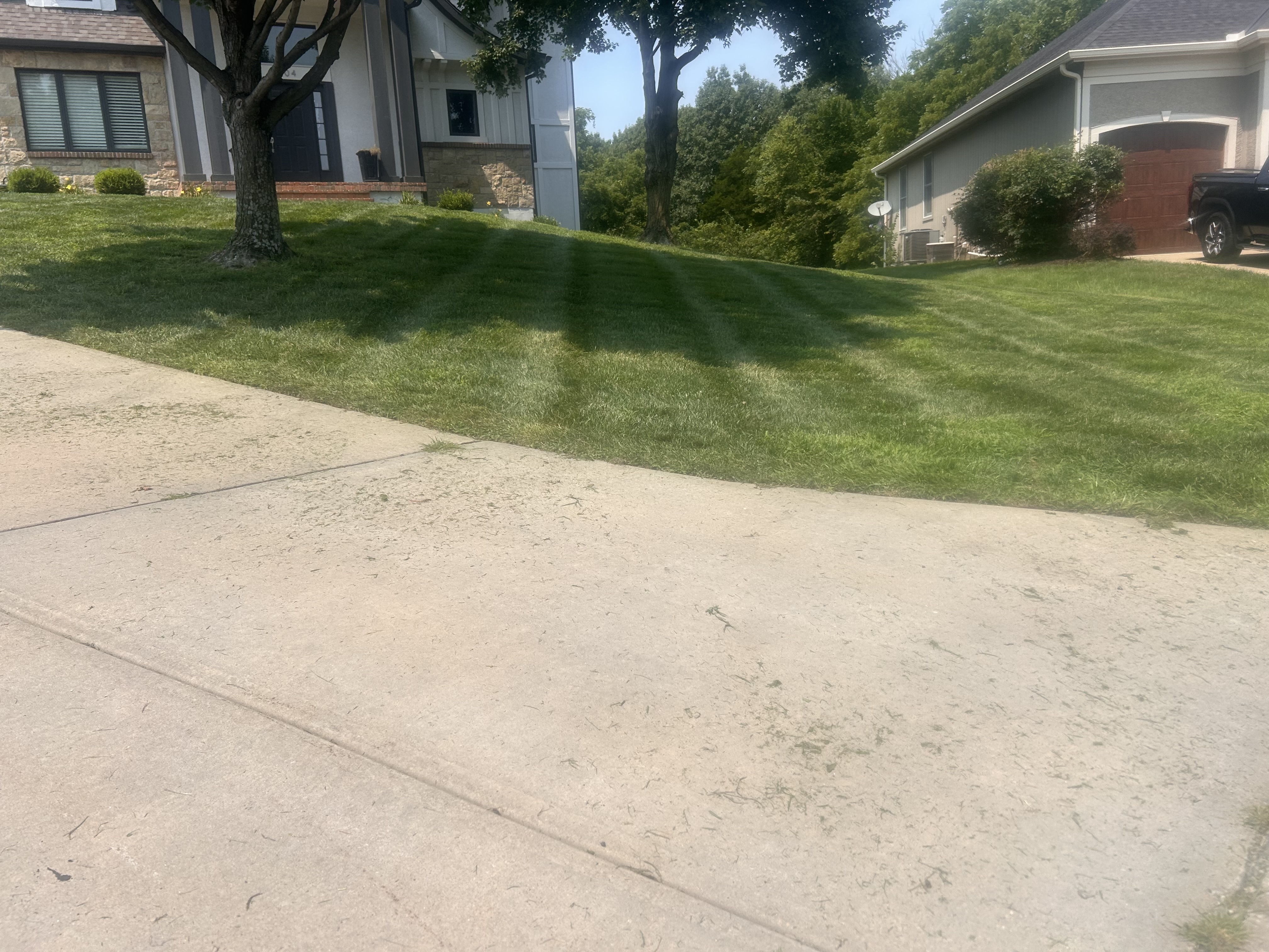 Freshly mowed front lawn beside a driveway