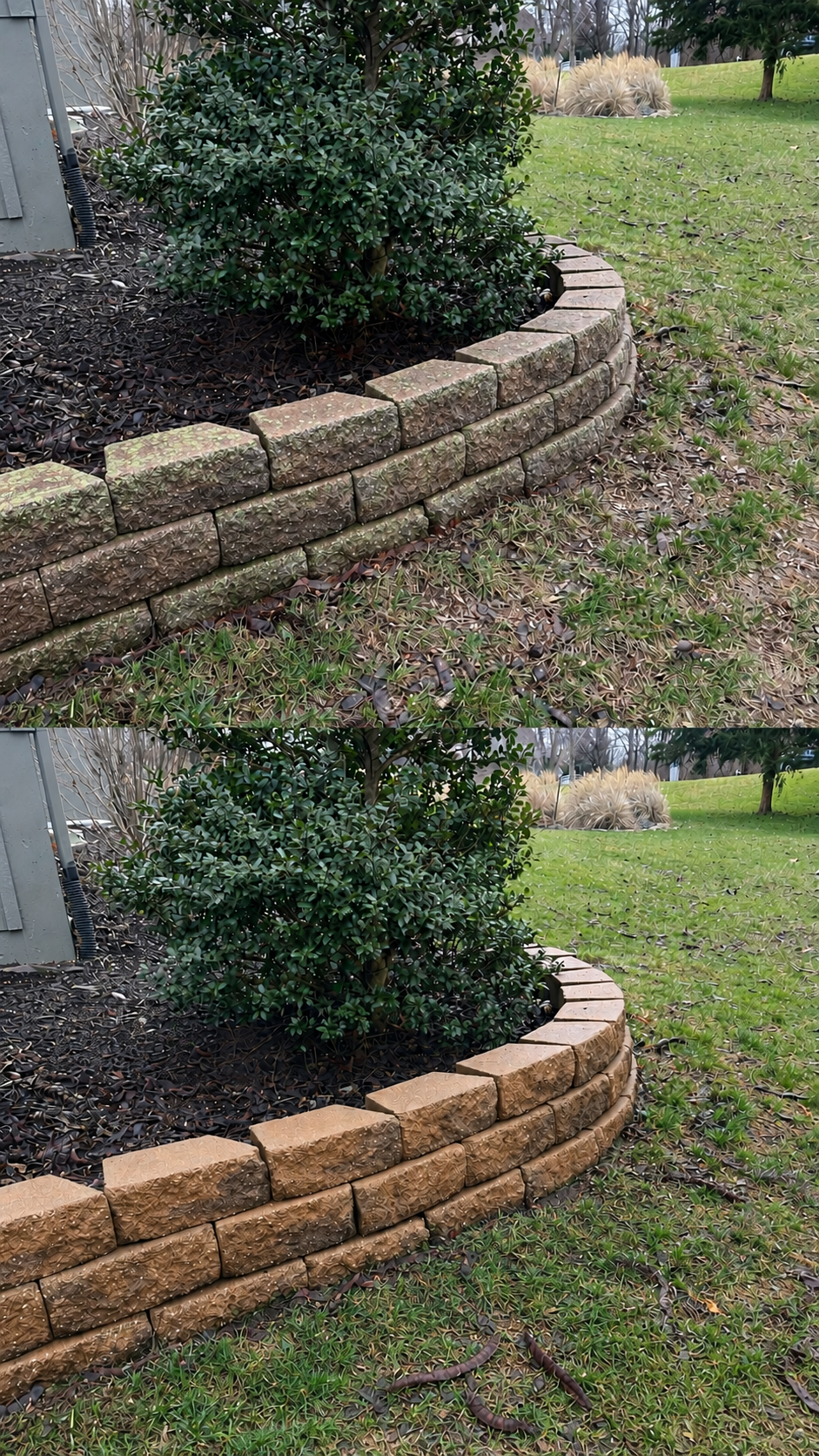 Before-and-after view of a retaining wall cleaned with power washing